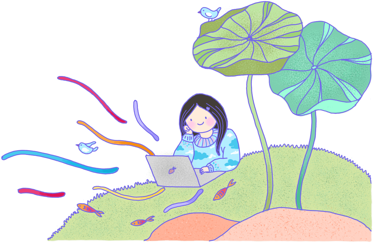 Illustration of Drushti sitting with a laptop among lotus leaves